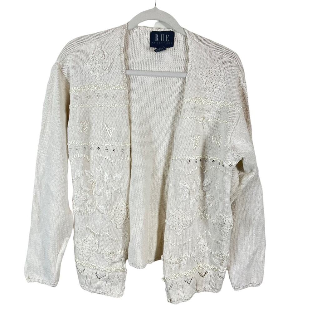 Vintage 90s Floral Embroidered Cardigan Sweater Medium White Boho Cottage Granny - Picture 2 of 12